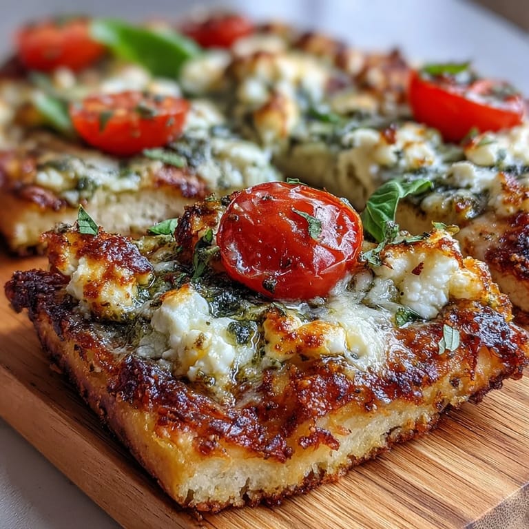 Golden viral cottage cheese flatbread spread with pesto, ready to be sliced and devoured.