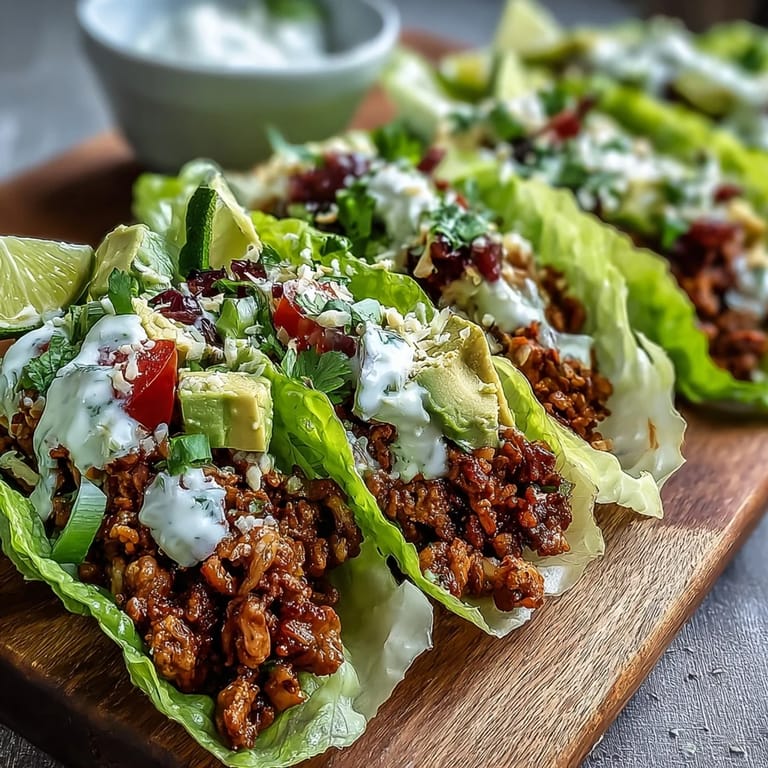 Juicy seasoned ground turkey filling crisp lettuce cups of Turkey Taco Lettuce Wraps.