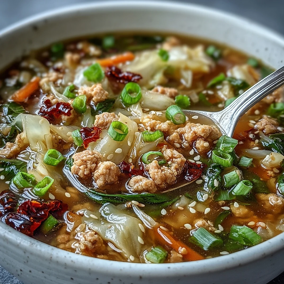 Bowl of Egg Roll Soup with Chicken & Cabbage, topped with chili crisp and green onions in steaming broth.