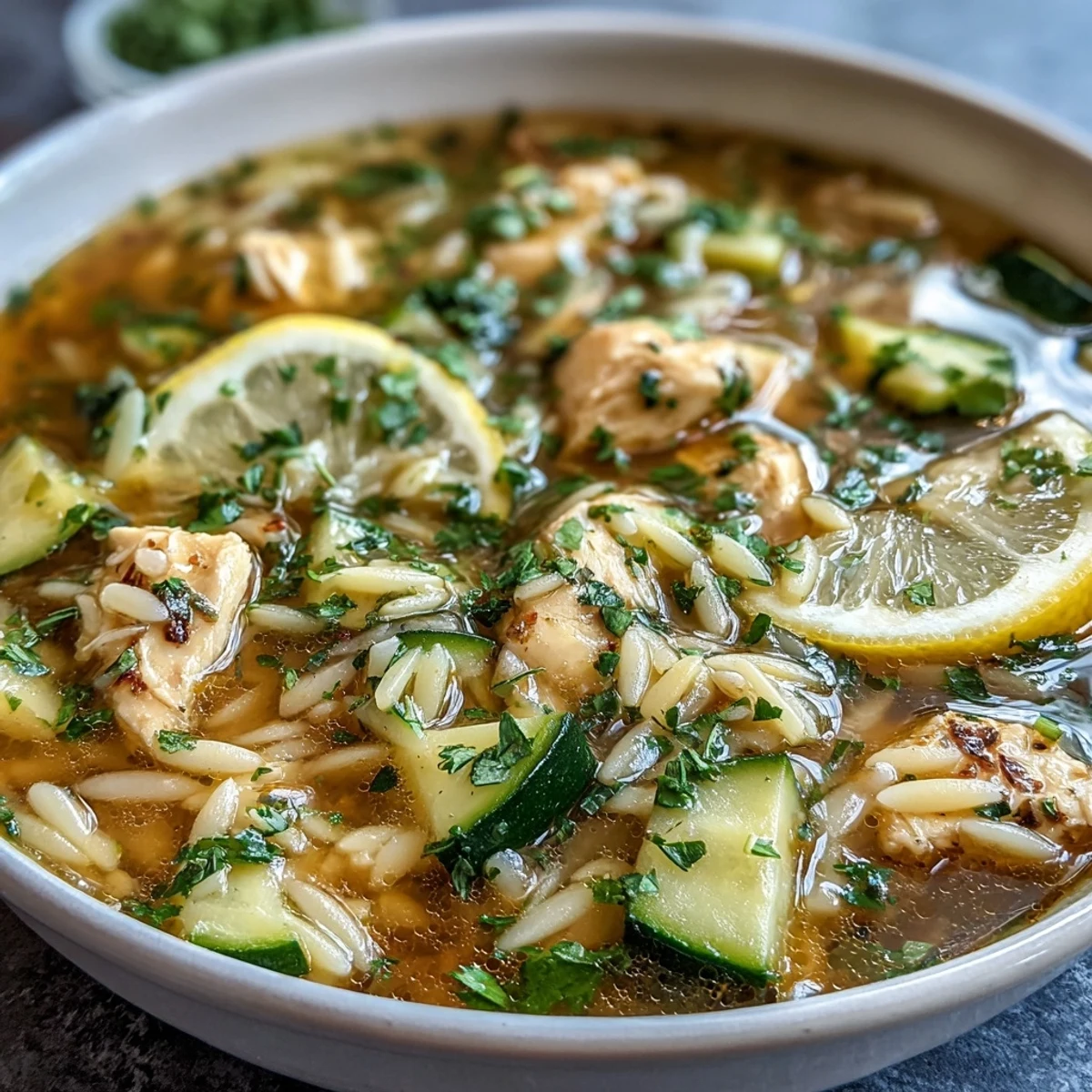 Hearty One-Pot Lemon Chicken and Zucchini Orzo Soup with tender chicken, fresh zucchini, and orzo in a bright lemon broth.  