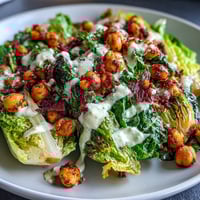 Crispy roasted chickpeas top a vibrant Caesar salad with creamy cashew dressing for a vegan twist.