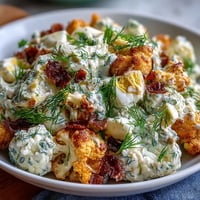 Keto cauliflower potato salad with dill pickles and eggs in creamy dressing, perfect for low-carb diets.  