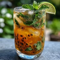 Refreshing passionfruit mojito with muddled mint and lime, perfect for summer sipping.  