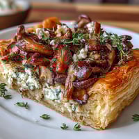 Wild mushroom tart with golden puff pastry, sautéed mushrooms, and tangy goat cheese—perfect for elegant appetizers or brunch.