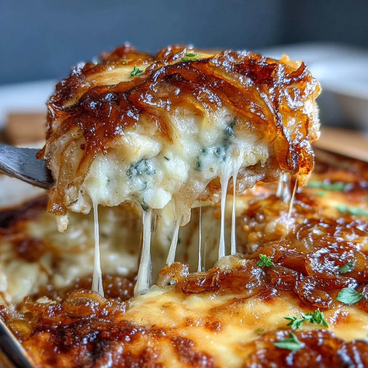 French Onion Chicken Bake with Melted Gruyere, a comforting dish with caramelized onions and bubbling cheese.