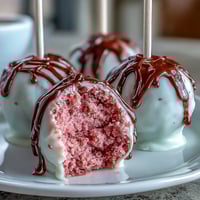 Adorable pink velvet cake pops filled with cream cheese frosting, perfect for Galentines Day celebrations.