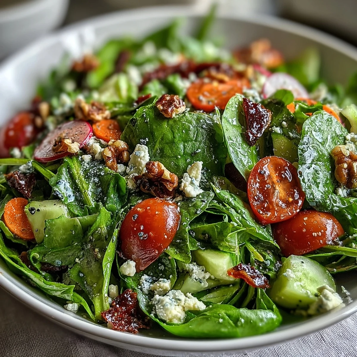 Fresh spring greens salad with honey mustard dressing, crunchy vegetables, and toasted walnuts for a vibrant, healthy meal.  
