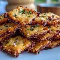 A tray of golden, crispy homemade crackers with tangy ranch seasoning and melted cheddar cheese.