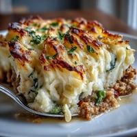A golden-crusted turkey shepherds pie with creamy cauliflower-potato mash and savory ground turkey filling, perfect for a cozy dinner.
