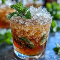 A frosty glass of Kentucky Derby Mini Mint Julep Mocktail with crushed ice, fresh mint, and a lemon slice garnish.