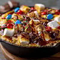 Gooey chocolate and toasted marshmallows in a cast iron skillet, perfect for sharing at Fourth of July parties.