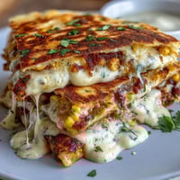 Cinco de Mayo Street Corn Quesadillas with smoky chipotle crema and melty Monterey Jack cheese.
