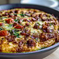 Savory one-pan ham and Swiss frittata with fluffy eggs, melted cheese, and fresh spinach.  