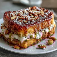 Golden almond croissant French toast with creamy almond filling and toasted sliced almonds, served on a rustic plate.