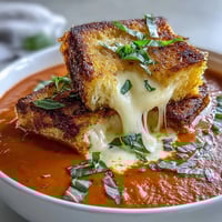 Velvety tomato basil soup topped with golden grilled cheese croutons for ultimate comfort food bliss.  
