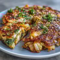 Crispy cabbage kimchi pancakes with golden edges and savory, tangy kimchi filling.  