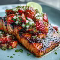 Perfectly grilled salmon topped with vibrant strawberry avocado salsa, ready for a light summer meal.