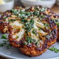 Smoky BBQ cauliflower steaks topped with vibrant, fresh chimichurri sauce.
