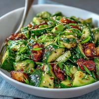 Refreshing Smashed Cucumber and Avocado Salad with Sesame, ready to serve.