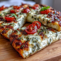 Viral Cottage Cheese Flatbread with juicy tomatoes and vibrant pesto baked golden.