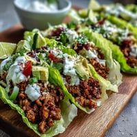 Juicy seasoned ground turkey filling crisp lettuce cups of Turkey Taco Lettuce Wraps.